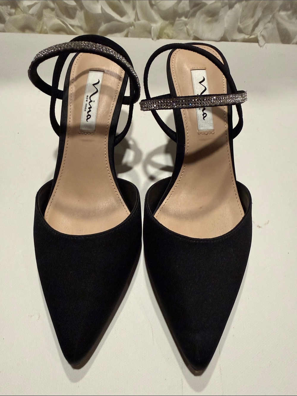 Nina Black Pointed-Toe Slingback Heels with Glitter Strap